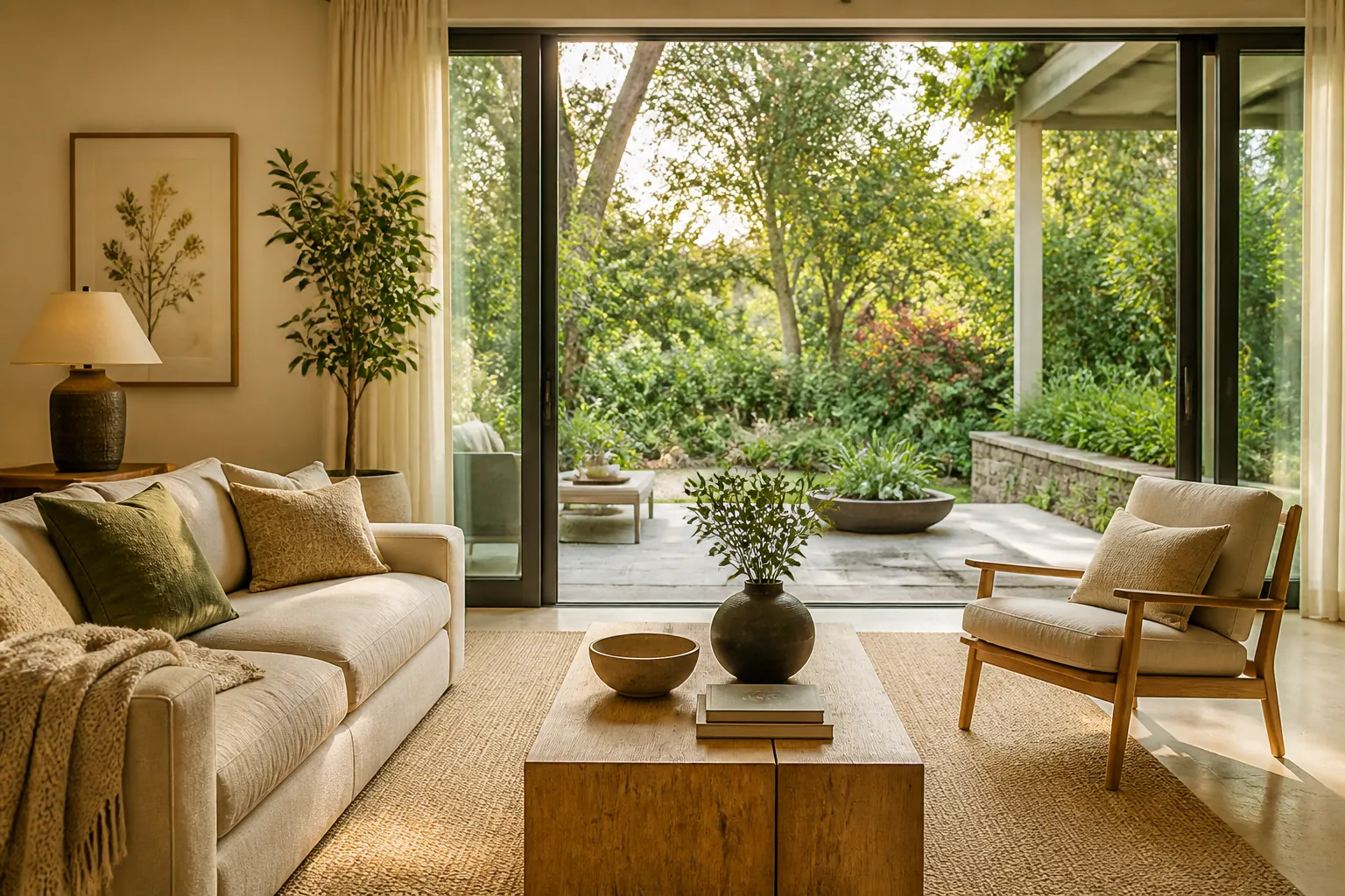 Light-filled living room opening onto a garden